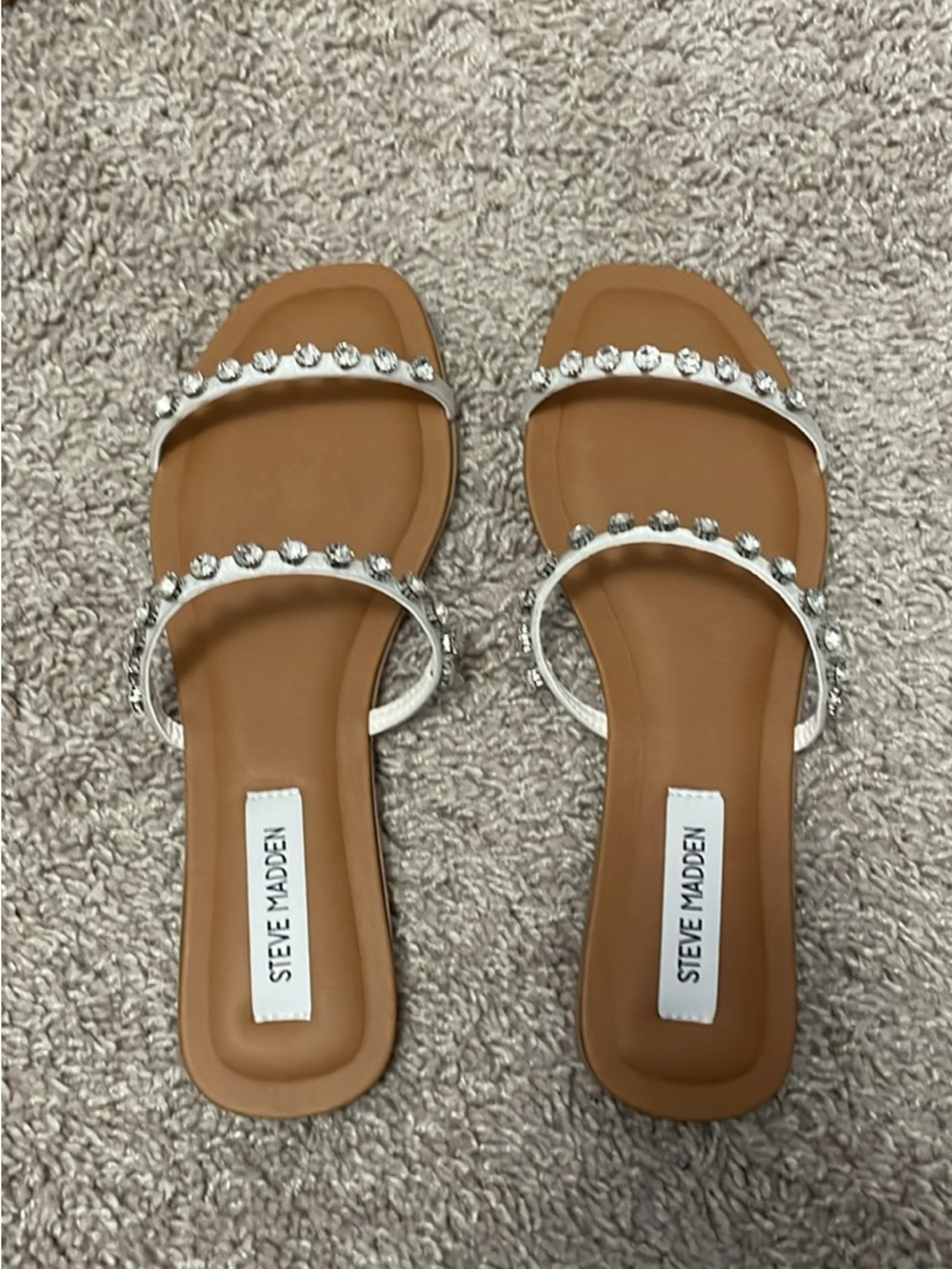 Steve Madden Tan Footbed Slide Sandals with Silver Crystal Straps